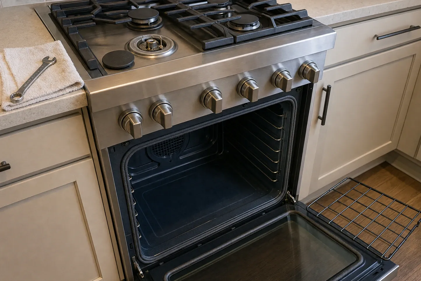 Stainless gas range with the oven door open on an empty cavity, one burner cap lifted off the cooktop and a wrench on the counter