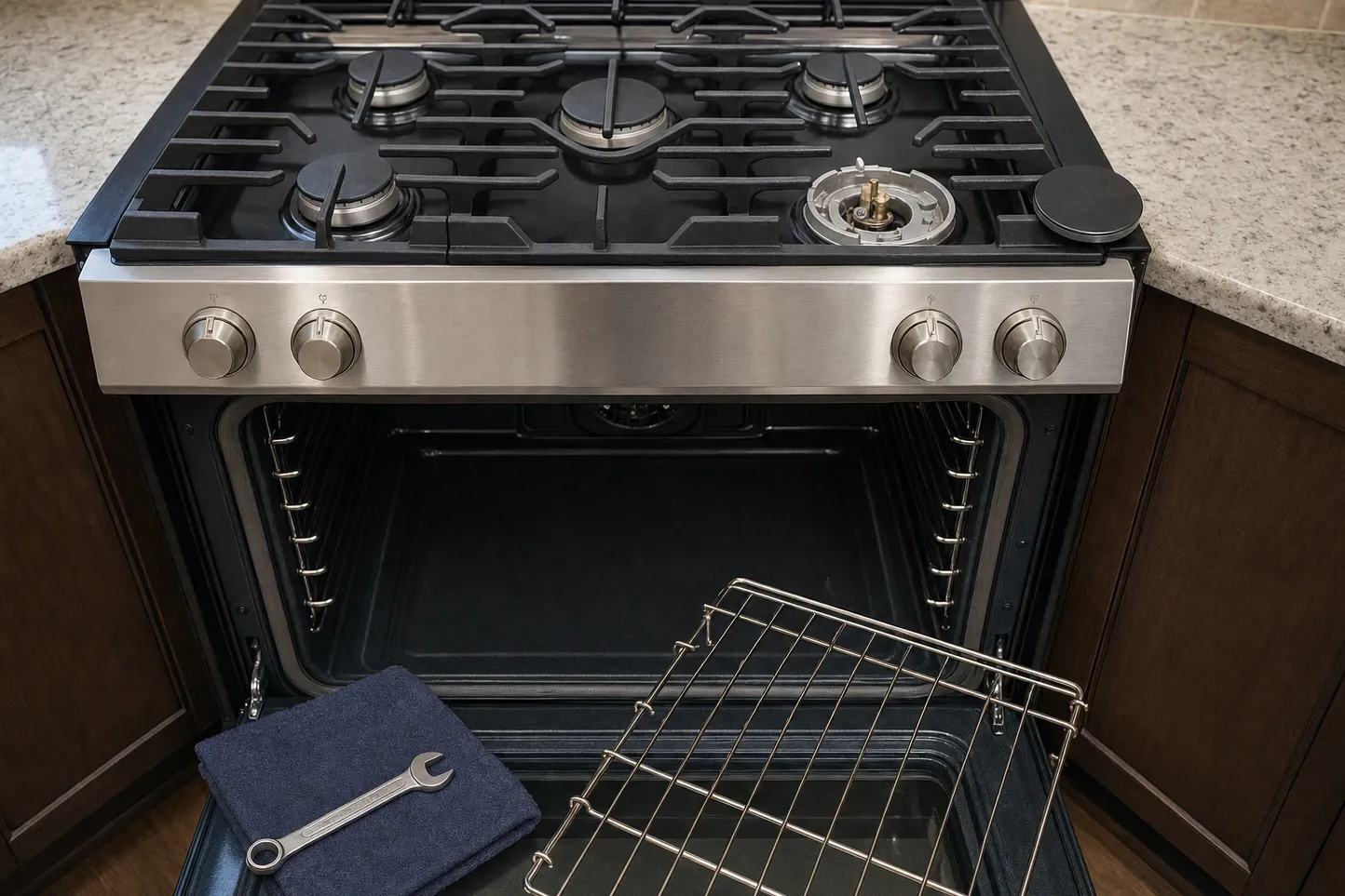 Overhead view of a five-burner gas cooktop with one cap removed, showing the burner head and its brass orifice