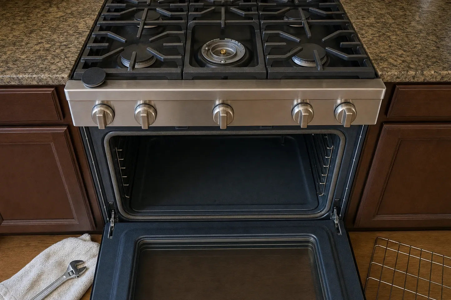 Five-burner gas range with the centre burner stripped to its brass orifice and the oven door standing open below