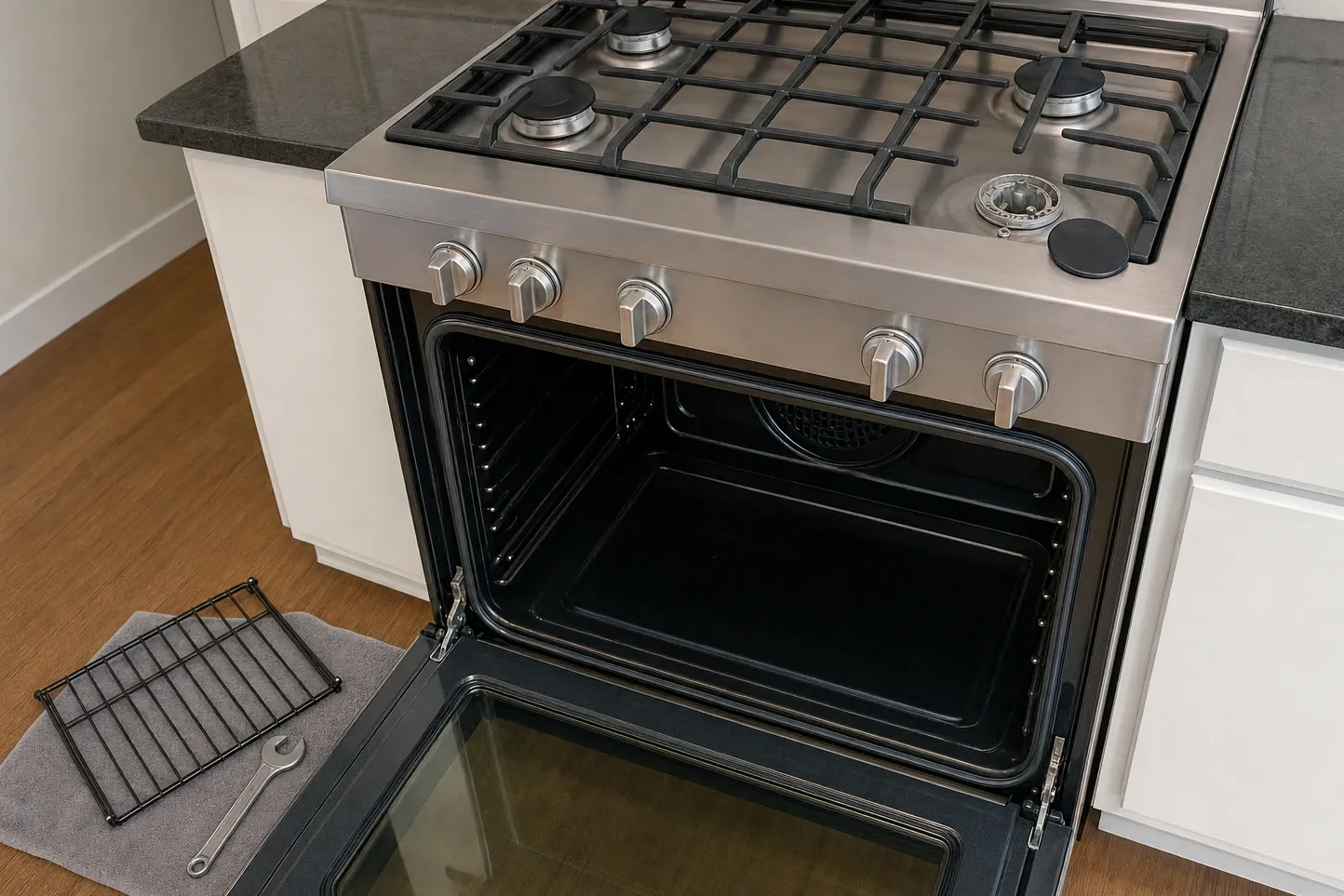 Open oven cavity with the convection fan cover exposed on the rear wall, an oven rack set down on a towel outside