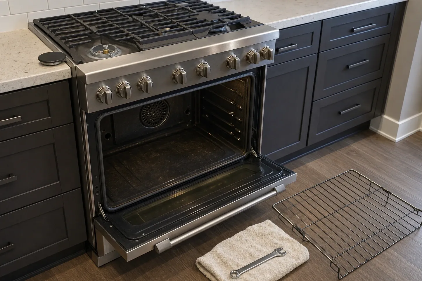 Oven door lowered flat with a full-width tubular handle across its front, the cavity behind it dark and plainly well used